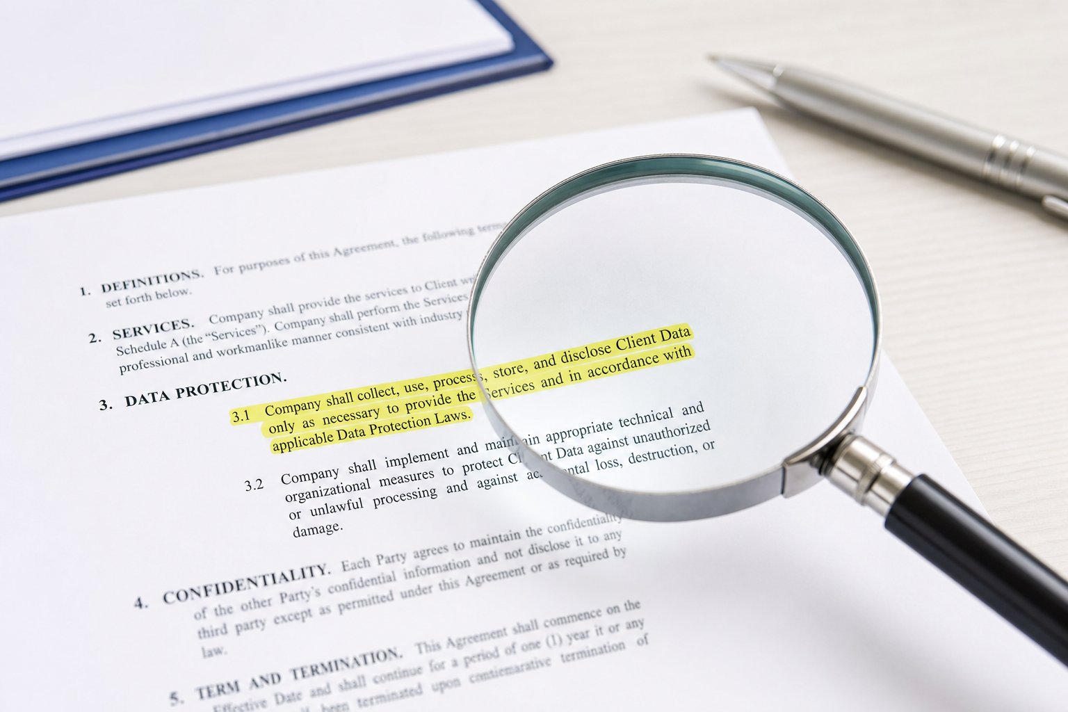 A magnifying glass held over a printed legal document with a clause highlighted in yellow