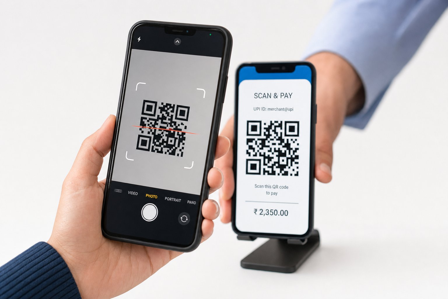 Close-up of two hands completing a UPI QR code payment scan between two smartphones