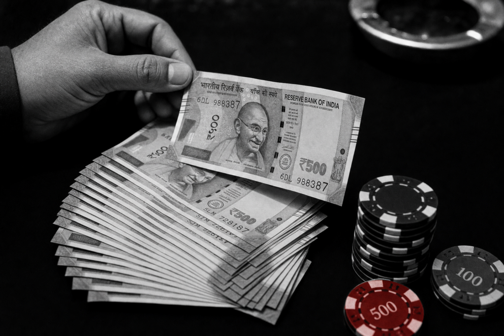 Stack of Indian rupee banknotes and casino chips